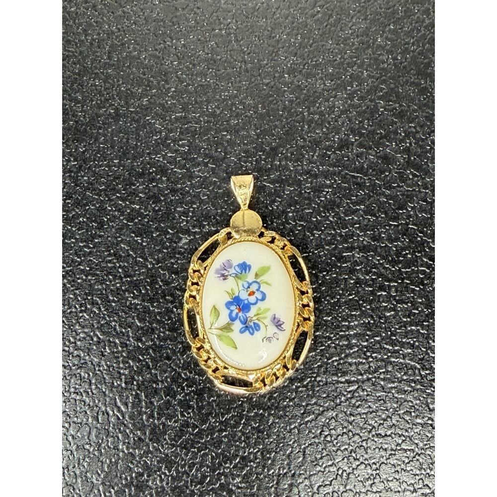 Vintage Pendant Necklace Enamel Blue Flowers Hand Painted Pendant